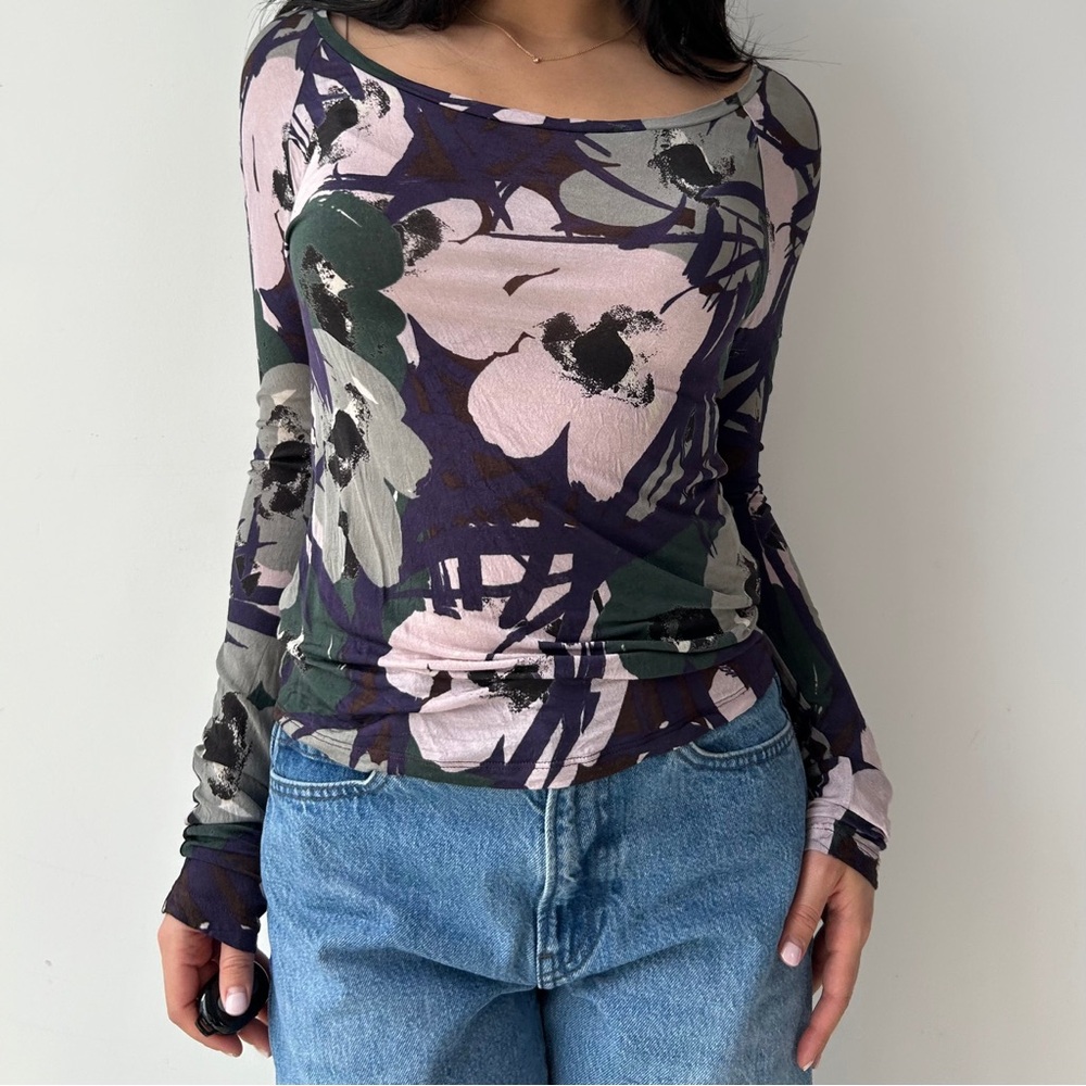 Max Mara Studio Purple Floral Print Long Sleeve Top - Medium